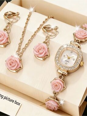 Gold-tone Pink Rose Bracelet Watch and Jewelry Set